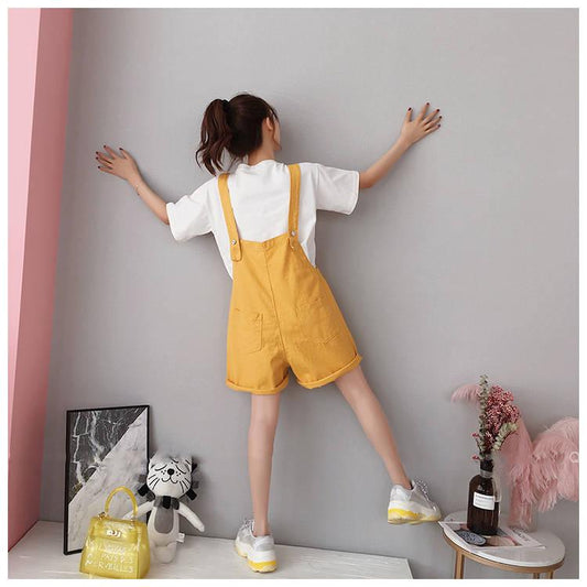 1 pcs Overalls Women's Shorts Student Wild Loose Large Size Casual Wide Leg Jumpsuit Suspenders Tide