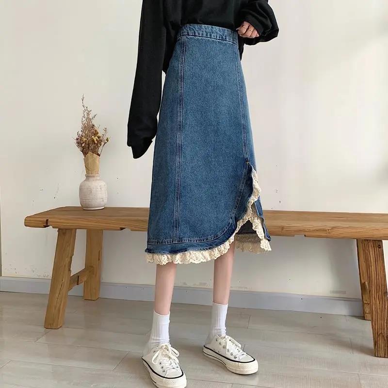 Women Sexy Sweet Solid Split Denim Skirt Lace High Waist Above Knee Hip Skirt Casual Club Home Office
