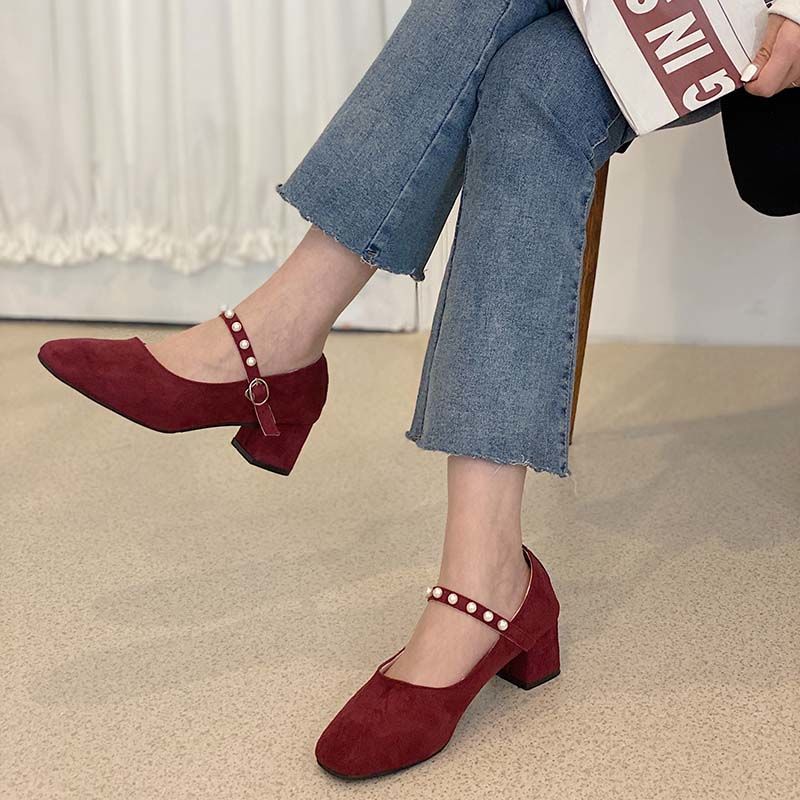 Square-toed Single Shoes Women's Wild Fashion Pumps Autumn Girl Thick-heeled French High Heels