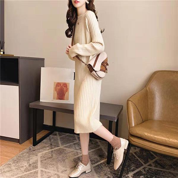 Autumn and Winter Round Neck Loose Dress All-match Knee-thick Knit Bottoming Skirt Solid Color Long Warm Sweater