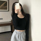 Spring Fall Summer Fashion Women Clothes Cotton Round Collar Long Sleeves Elastic High Waist Sexy Pullover