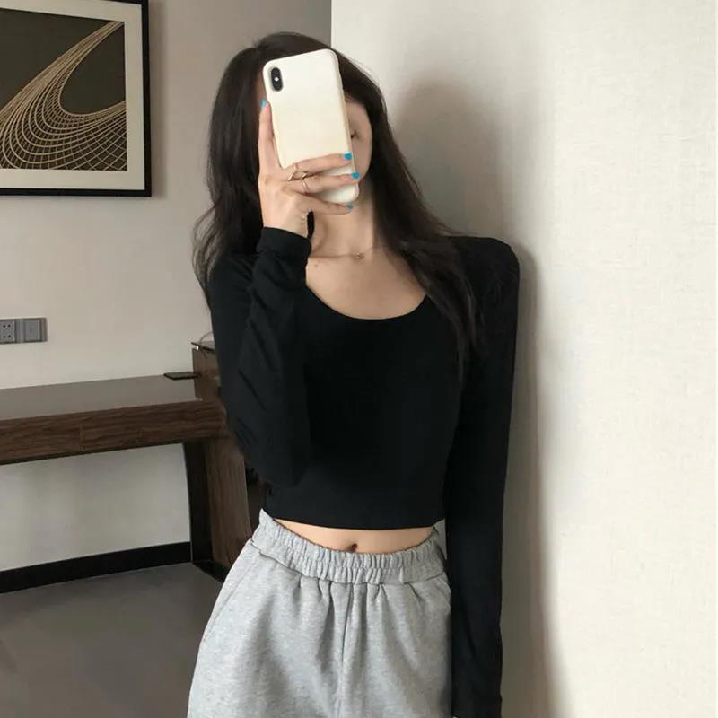 Spring Fall Summer Fashion Women Clothes Cotton Round Collar Long Sleeves Elastic High Waist Sexy Pullover