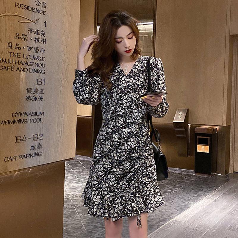 Ruffled Mini Vintage Print Irregular Dress Lantern Sleeve Elegant Chiffon Dress Slim Streetwear