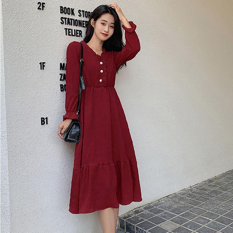 Hepburn Style French White Skirt Long-sleeved Dress Female Waist Was Thin and Temperament Mid-length Fairy Skirt