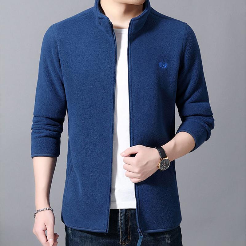 Men's Stand Collar Fleece Jacket Long Sleeve Warm Casual Jacket Double Sided Fleece Solid Color Cardigan Soft Fabric Zipper Jacket