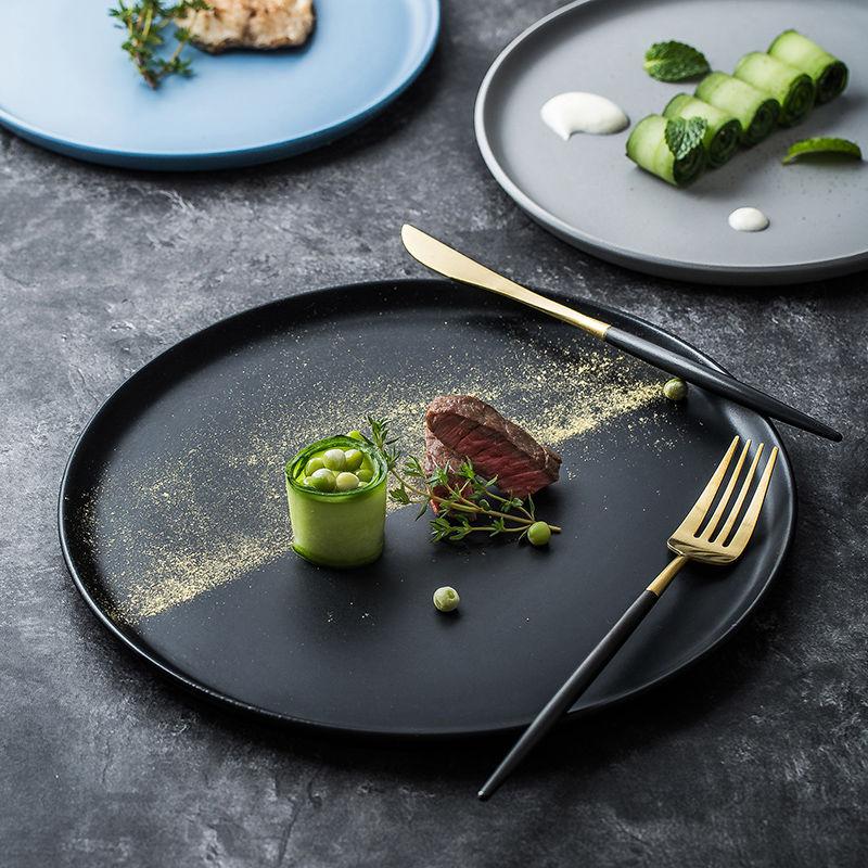 Nordic Ins Wind Color Glaze Tableware Household Steak Plate Dish Net Red Ceramic Simple Creative Western Food Disc Knife and Fork
