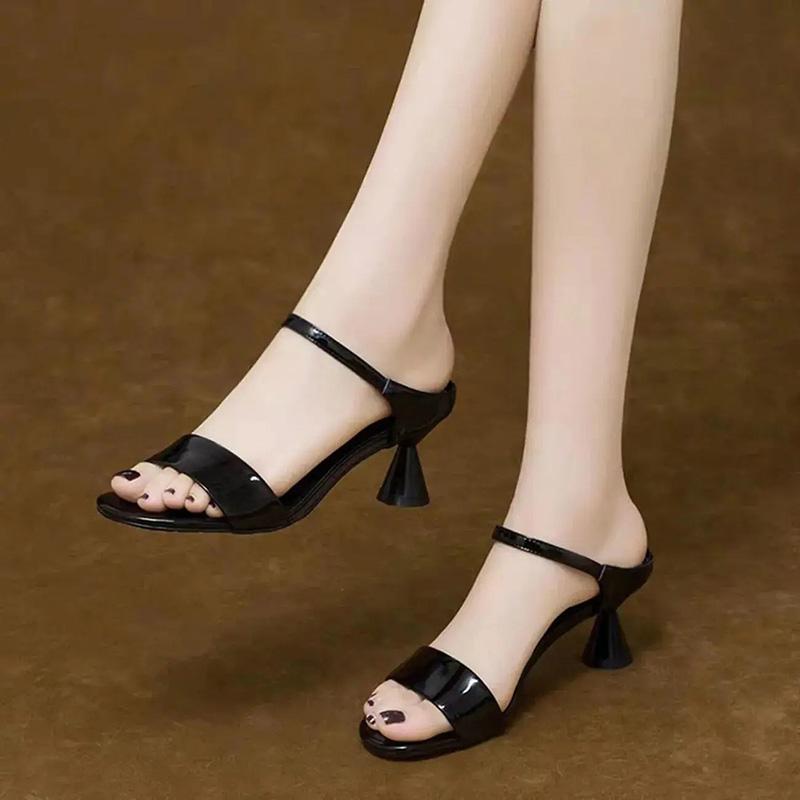 Genuine Patent Leather Sandals Women's Fashion Korean Version of High-heeled Shoes Outside Wear Stiletto Slippers Summer All-match Shoes Women