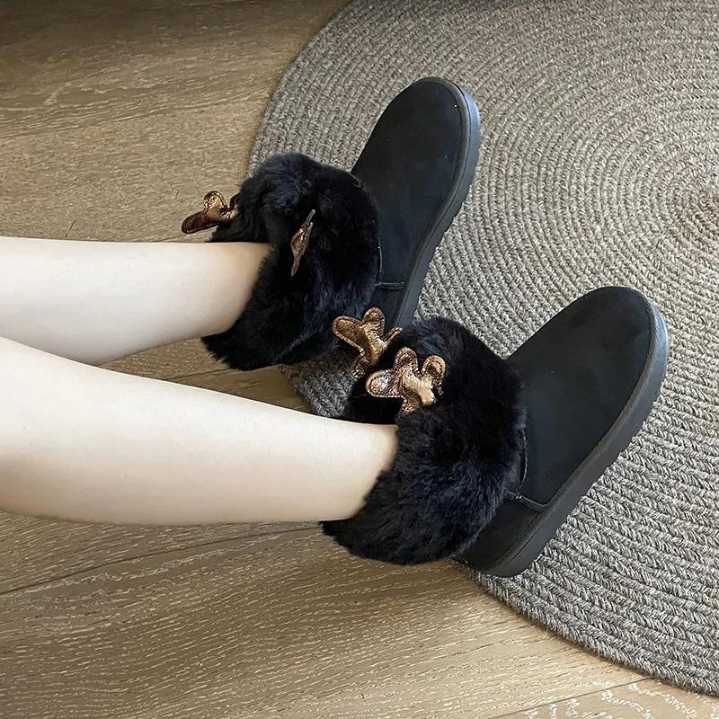 Winter Warm Cute Elk Antlers Snow Boots Fur One Plus Velvet Thick Cotton Shoes Boots Women