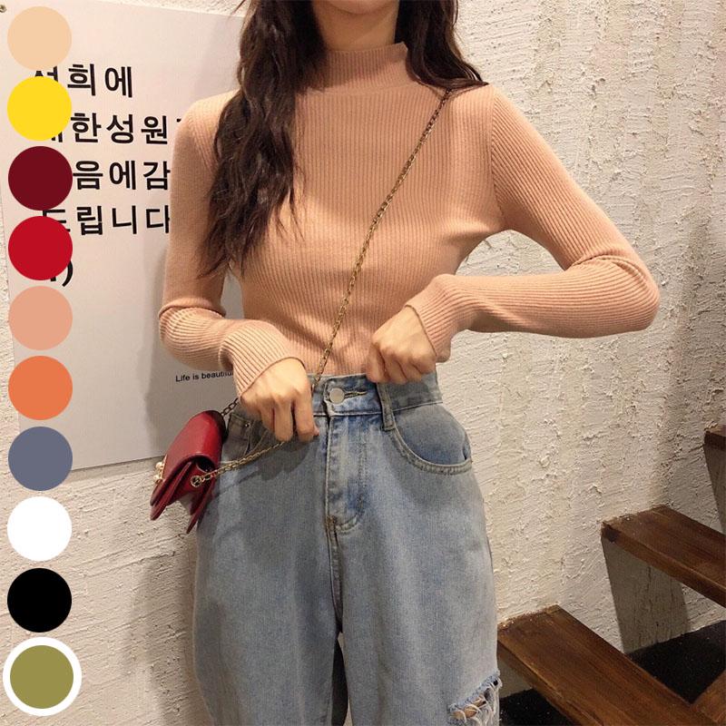 Pofulove 10 Colors Women Knitted Warm Solid Half Turtleneck Loose Sweater Blouse Solid Color Sweater