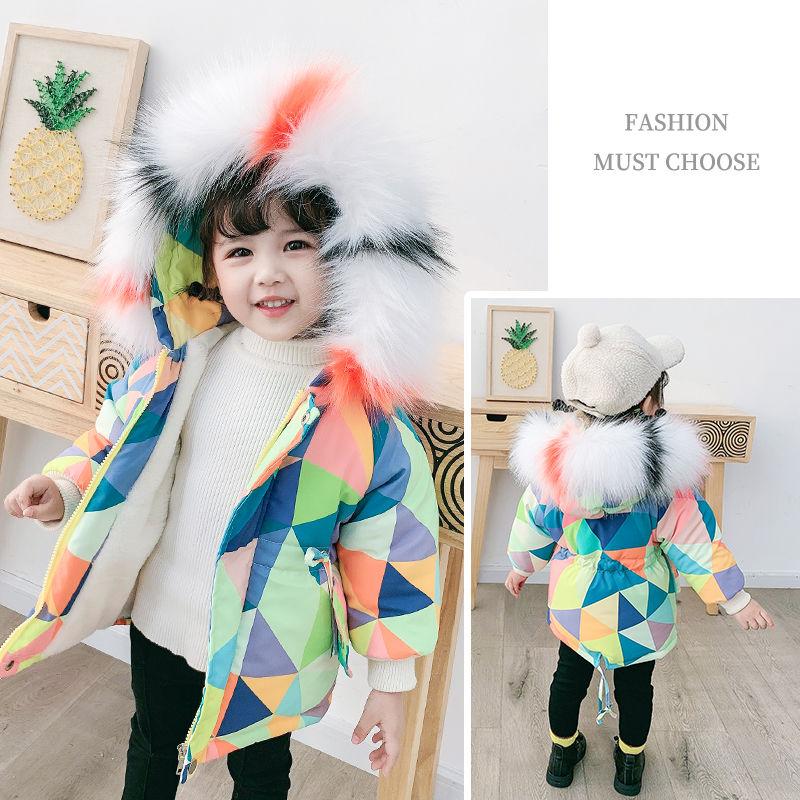Kids Parkas for Girls Winter Thick Warm Hooded Faux Fur Coat Rhomboid Printed Parka Jacket with Detachable Faux Fur Collar Outwear