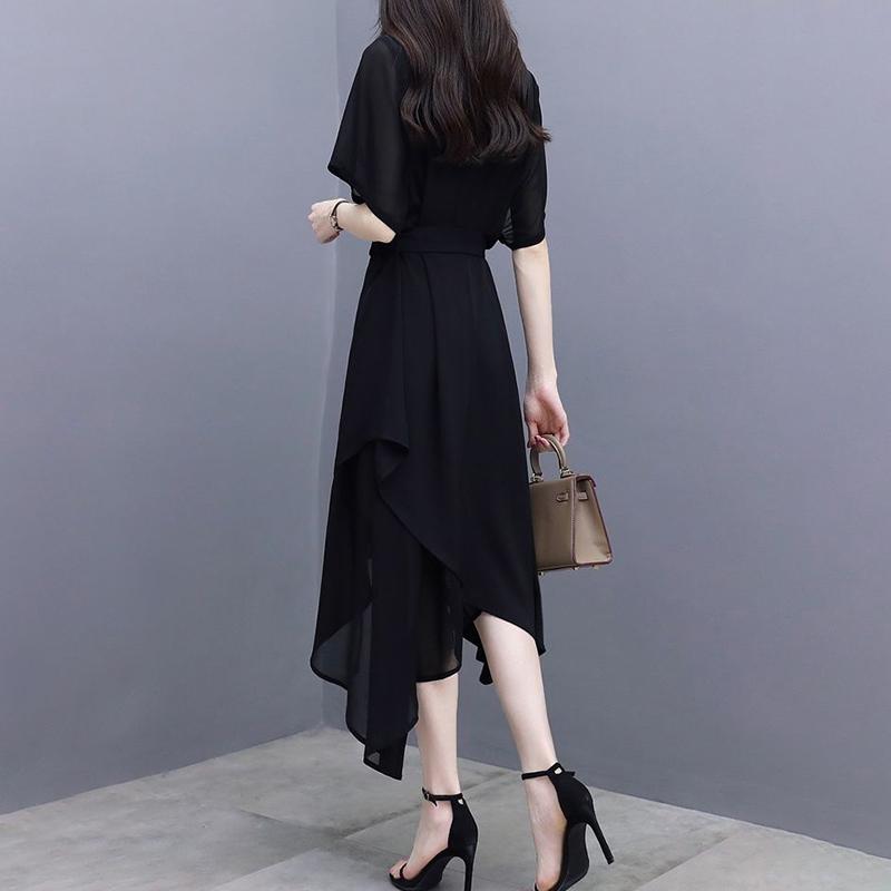Black Dress Female Summer Mid-length Section Was Thin Chiffon Slim Temperament Off-shoulder Dress A-line Version Skirt Waist Was Thin