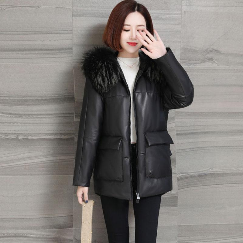 Plus Size PU Leather Jacket Women's Padded Coat Winter Mid-length Leather Parka Jacket Loose Hooded Parka Coat with Fur Collar
