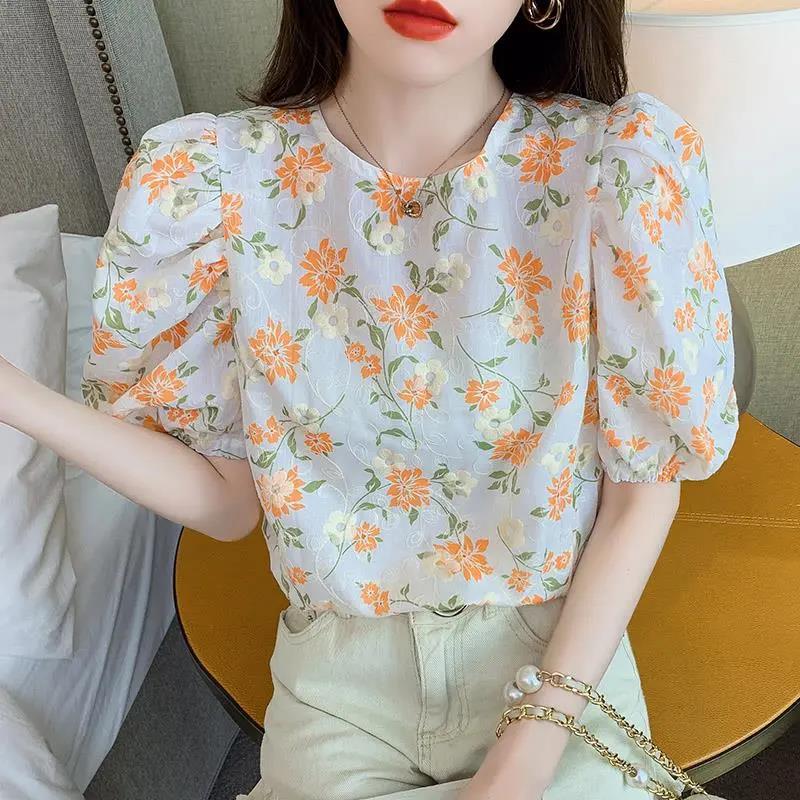 Summer Sweet Puff Sleeve Floral Shirt Women Loose Chiffon Shirt Top