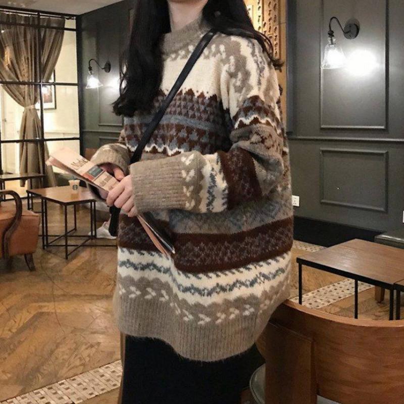 Pofulove loose college style jacquard diamond round neck sweater women's hedging wild students