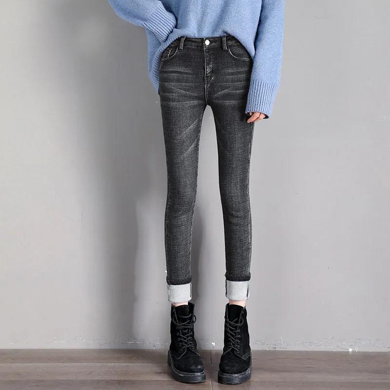Plus Velvet Thick Jeans Women's Winter High Waist All-match Nine-point Pants with Small Feet To Keep Warm and Thin Trousers with Velvet