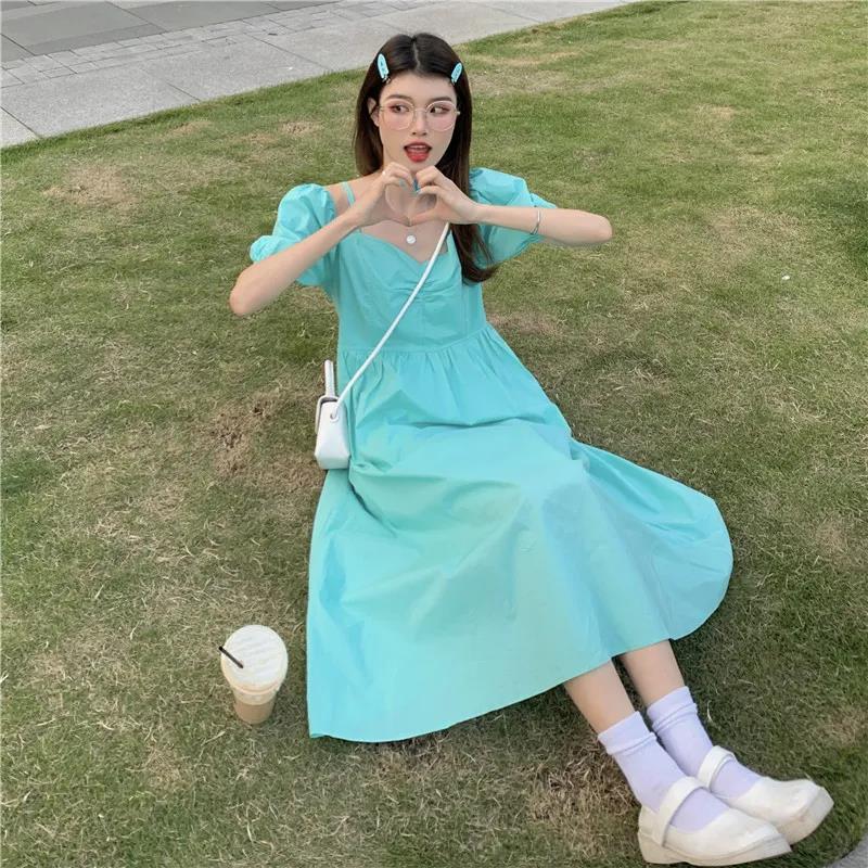 Women's Summer Solid Color Skirt Puff Sleeve Dress V-neck Midi Skirt