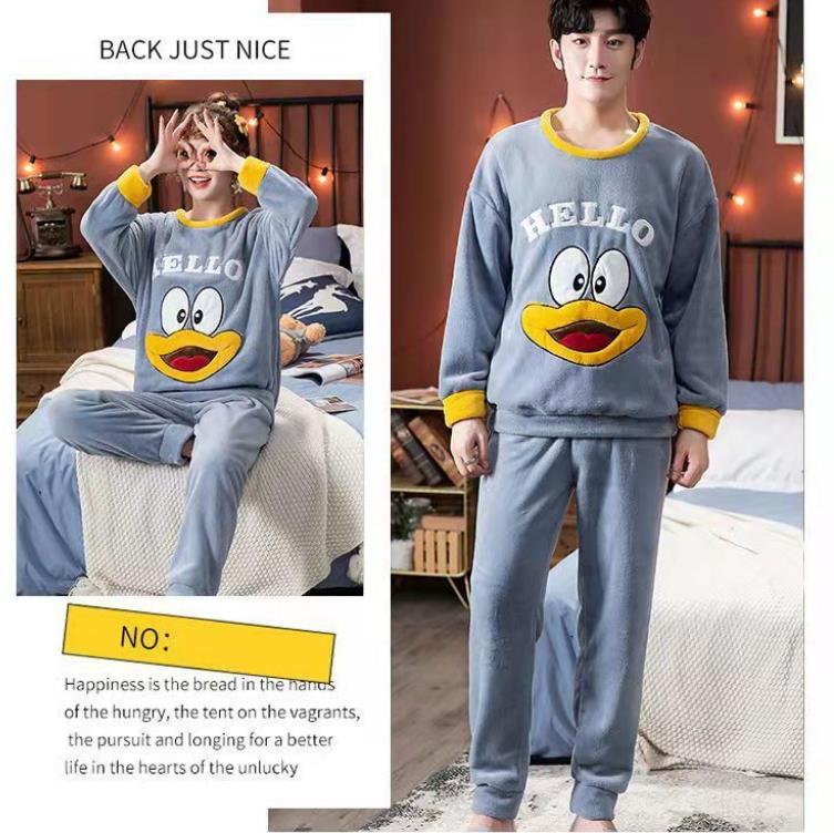 HELLO Duck Couple Pajamas Set Ladies Home Clothes Men Winter Cashmere Warm Homewear Tops and Pants