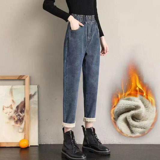 Women's Winter Plush Thickened High Waist Jeans Female Loose Casual Elastic Waist Long Denim Pants