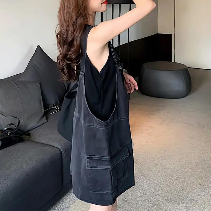 Pure Black Overalls Women's Summer Korean Version of Loose Retro Hong Kong Style Straight Wide-leg Denim Shorts Tide