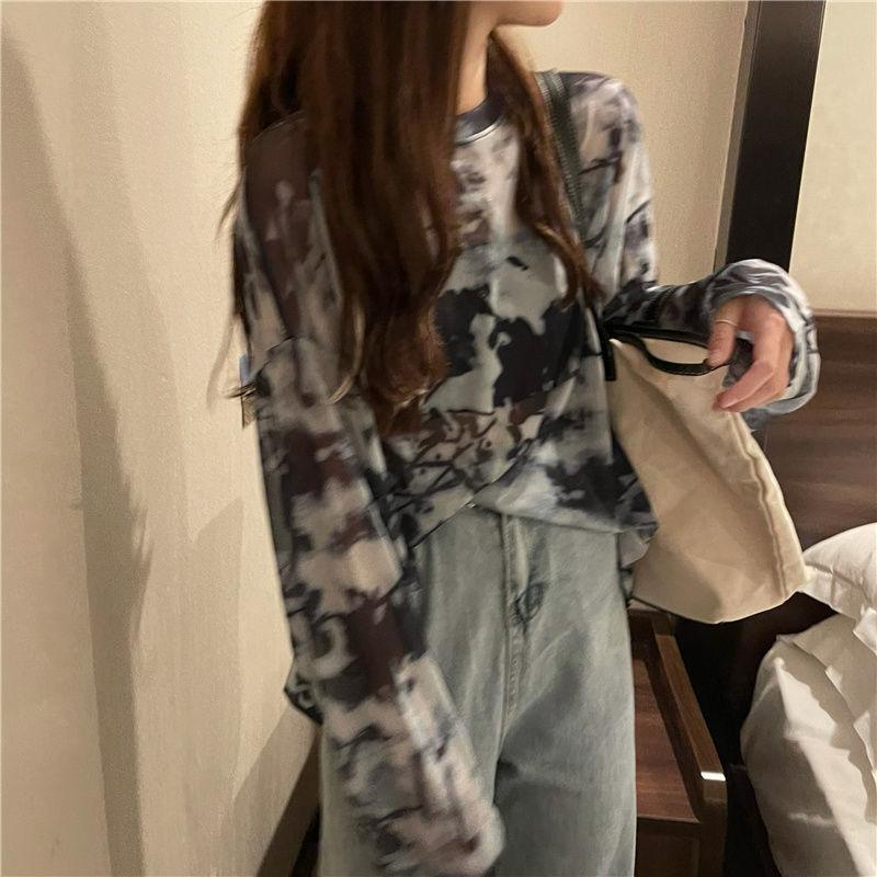 Fall Version of Tie dye Loose Simple Long-sleeved fall T-shirt Women Simple Pure color Bottoming Net yarn Blouse Tee