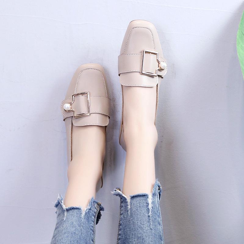 Leather Shoes Retro Square Toe Mid-heel Thick Heel Single Shoes Wild British Style Loafers Women's Mid-heel Comfortable Leather Shoes