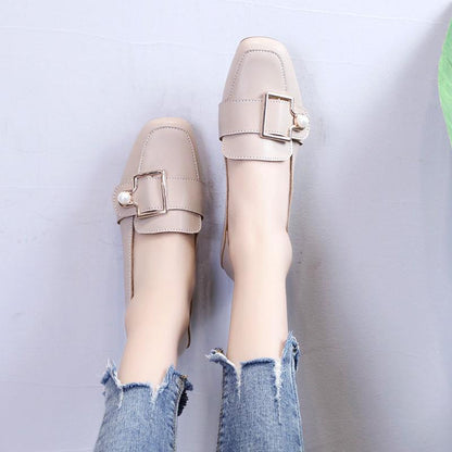 Leather Shoes Retro Square Toe Mid-heel Thick Heel Single Shoes Wild British Style Loafers Women's Mid-heel Comfortable Leather Shoes