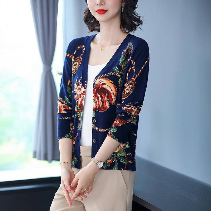 Printed Loose Sweater V-neck Wool Cardigan Sweater Jacket Women's Plus Size Knitted Coat