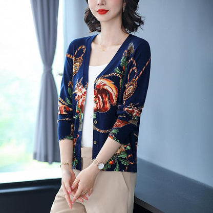 Printed Loose Sweater V-neck Wool Cardigan Sweater Jacket Women's Plus Size Knitted Coat