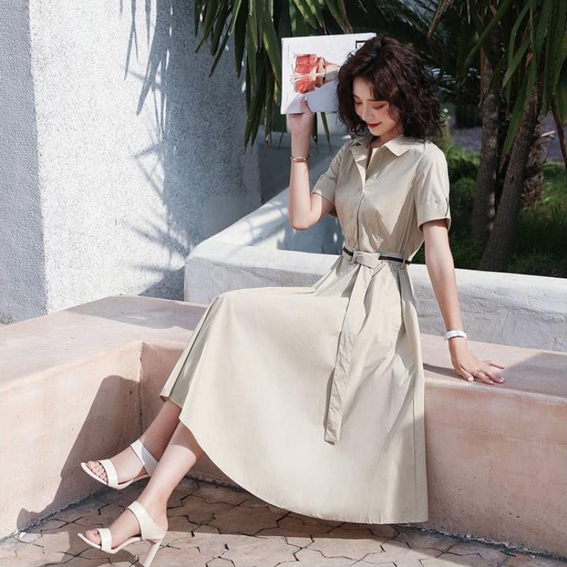 Summer Women's Skirt Plus Size Apricot Workplace Skirt Professional Dress Ol Suit Collar Short Sleeve Dress