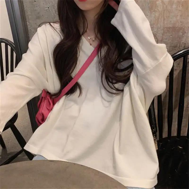 Women  Basic Tee Casual Long Sleeve V-neck Solid Color Soft TShirt Ladies Lady Loose Pullover