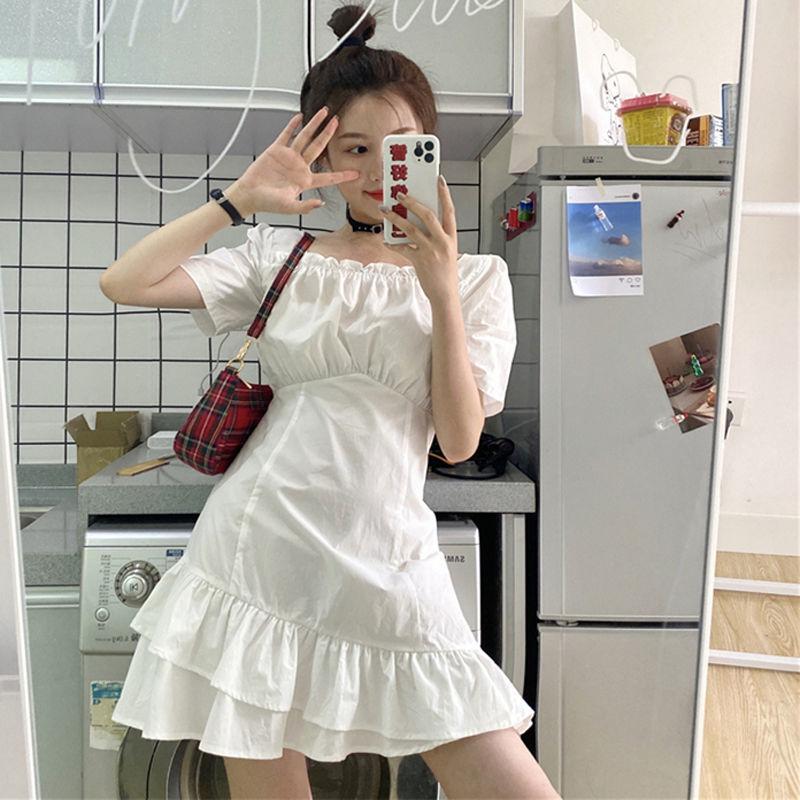Women's Spring and Summer French Elegant Thin Irregular Square Collar Waist Slim Ruffle Dress