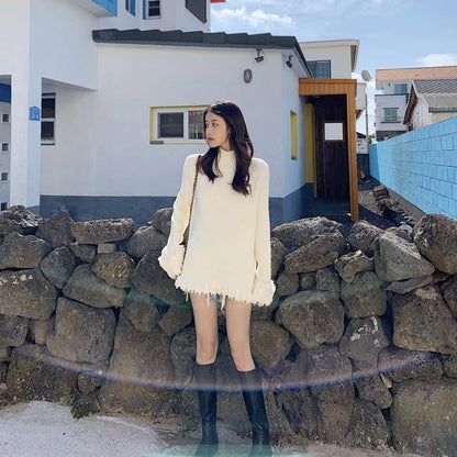 Pofulove Turtleneck Sweater Women Loose Students Long Thick Knit Velvet Bottoming Female Shirt