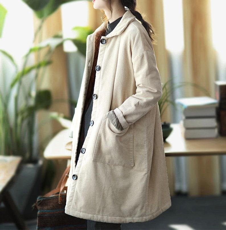 Winter Thick Corduroy Long Coat Mid-length Large Size Warm Jacket Ladies Corduroy Windbreaker Large Size Corduroy Handmade Trench Coat