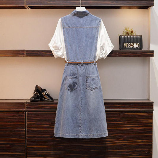 Summer Plus Size Dress Women Fake Two-piece Shirt Dress Midi Denim Dress with Belt
