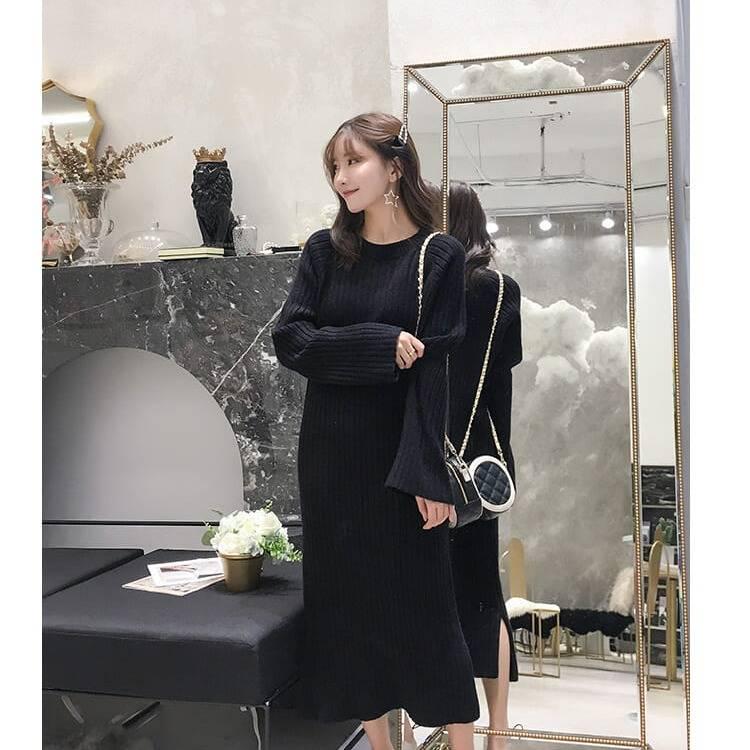 Pullover women's long paragraph over the knees loose 2019 autumn and winter new bottoming knit dress