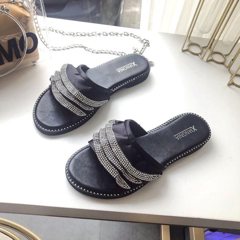 Rhinestone Lotus Leaf Slippers Female Summer Wear 2030 Korean Version of The Wild Word Open Toe Net Red Flat Sandals and Slippers