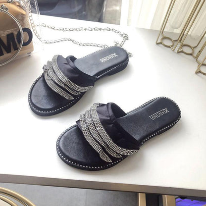 Rhinestone Lotus Leaf Slippers Female Summer Wear 2030 Korean Version of The Wild Word Open Toe Net Red Flat Sandals and Slippers