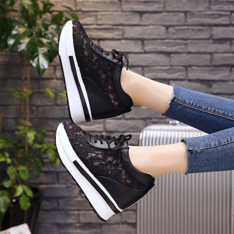 Women Summer Mesh Lace Shoes Thick Soled Wedge Slip-On Sneakers Female Large Size Hollow Out Casual Breathable Shoes