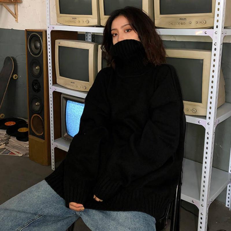 Pofulove Solid Color Thick Turtleneck Sweater Female Students Winter Lazy Wind Loose Pullover Knitted Jacket Wild Jacket