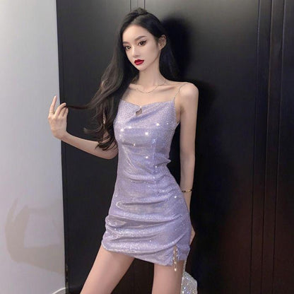 Female Spring and Summer Simple and Elegant Waist Slim Short  Strap Party Shining Dress