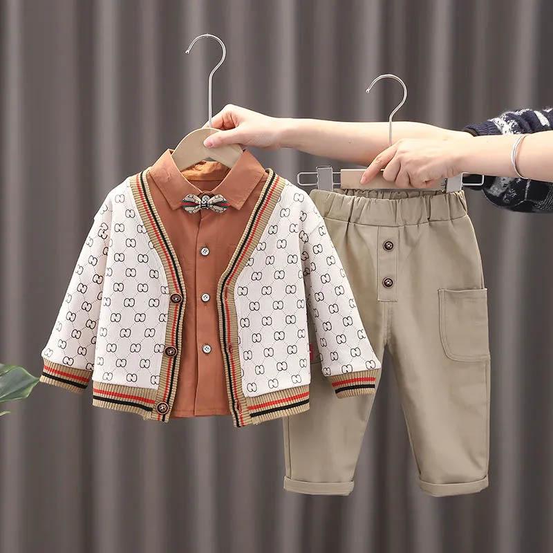 Boys Spring and Autumn Suit Knitted Sweater Coat Shirt Pants Three-piece Set Children Boy Baby Cute Cool Casual Three-piece Set