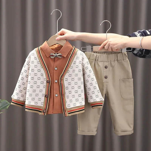 Boys Spring and Autumn Suit Knitted Sweater Coat Shirt Pants Three-piece Set Children Boy Baby Cute Cool Casual Three-piece Set