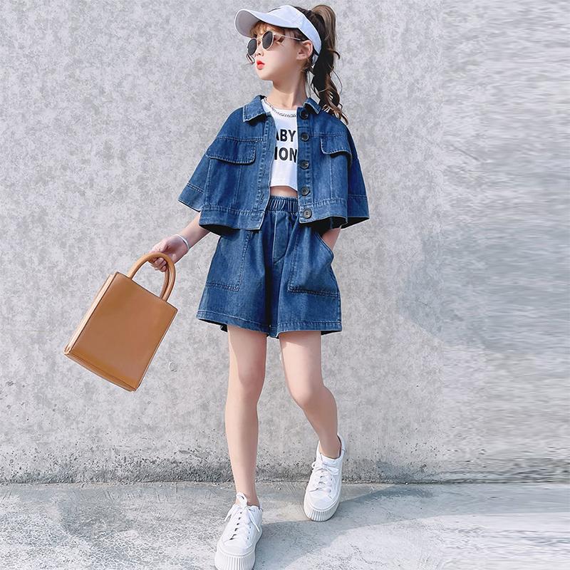 Girls' Suit Summer Clothes Children's Net Red Thin Denim Loose Korean Style Children's Clothes