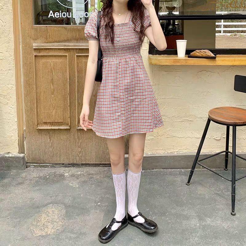 Female Backless Lattice Vintage Holiday Dress Slim Puff Sleeve Graceful Party Short High Waist Dress