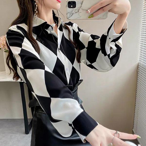 Long-sleeved Casual Tops Large Size Loose Chiffon Shirts Women's Spring and Autumn Lapel Elegant Printed Blouses