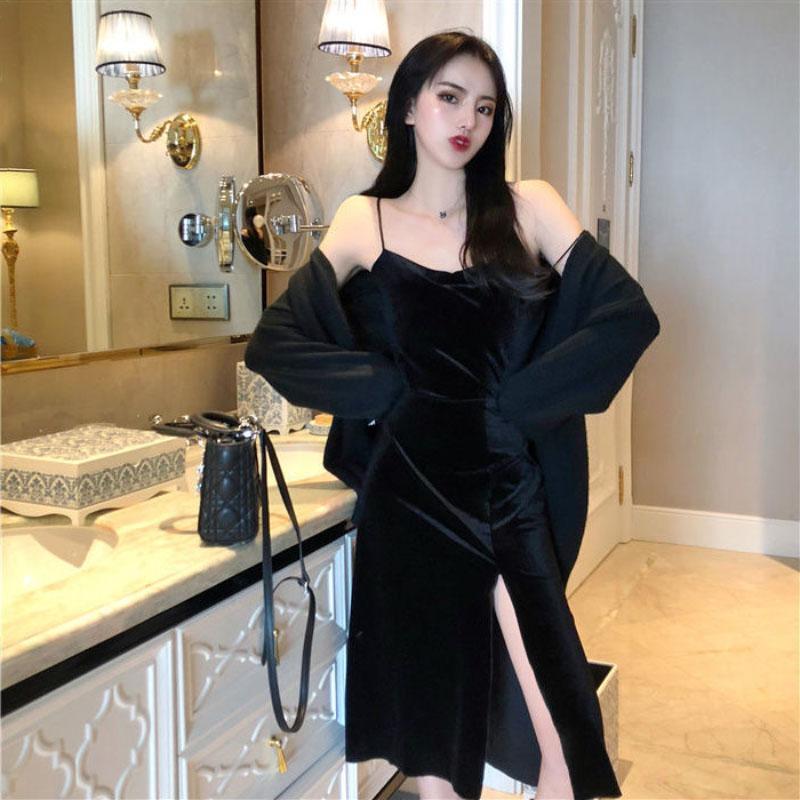 Black Sling Dress Women's High Slit Gold Velvet Sling Bottoming Skirt Spring Autumn Short Skirt