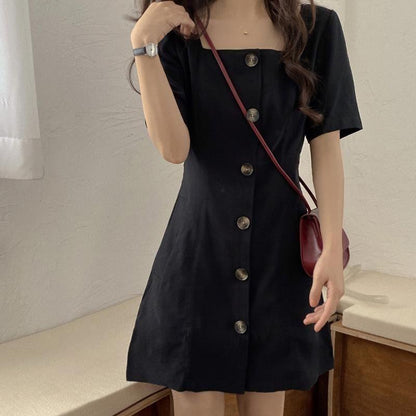 Women's Solid Color Waist Slimming Square Neck Short-sleeved Black Dress Simple Button DressMid-length A-shaped Skirt Age Reduction