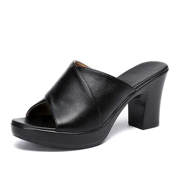 Women's Spring and Summer Large Size High Thick Heel Slippers Cool Sandals Genuine Leather Non-slip Soft Single Slippers
