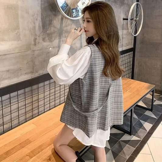 Temperament Small Fragrant Wind Waistcoat Jacket Women's Plaid Suit Waistcoat Jacket Casual Loose Single Button V-neck Waistcoat Sweet Wind