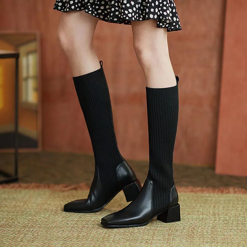 Women's Leather Socks and Long Boots But The Knee Is Thinner Stretch Knit Mid-tube High-heeled High Boots